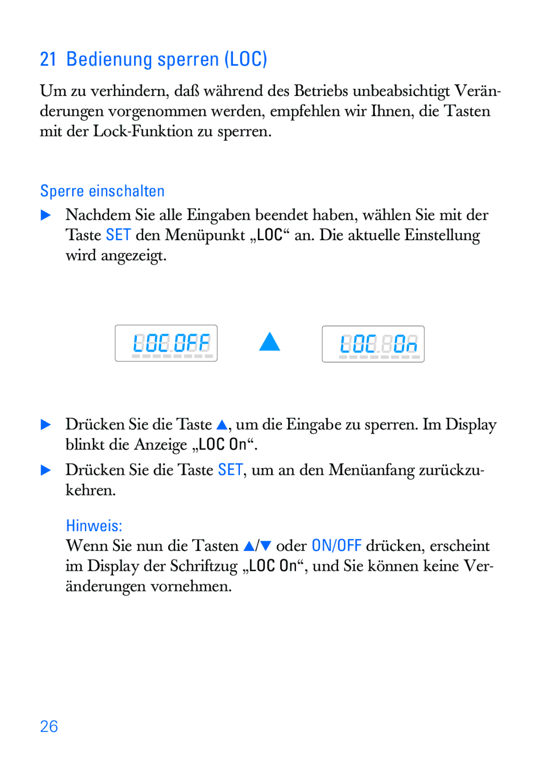 Sennheiser SKP 30 manual Bedienung sperren LOC, Sperre einschalten 