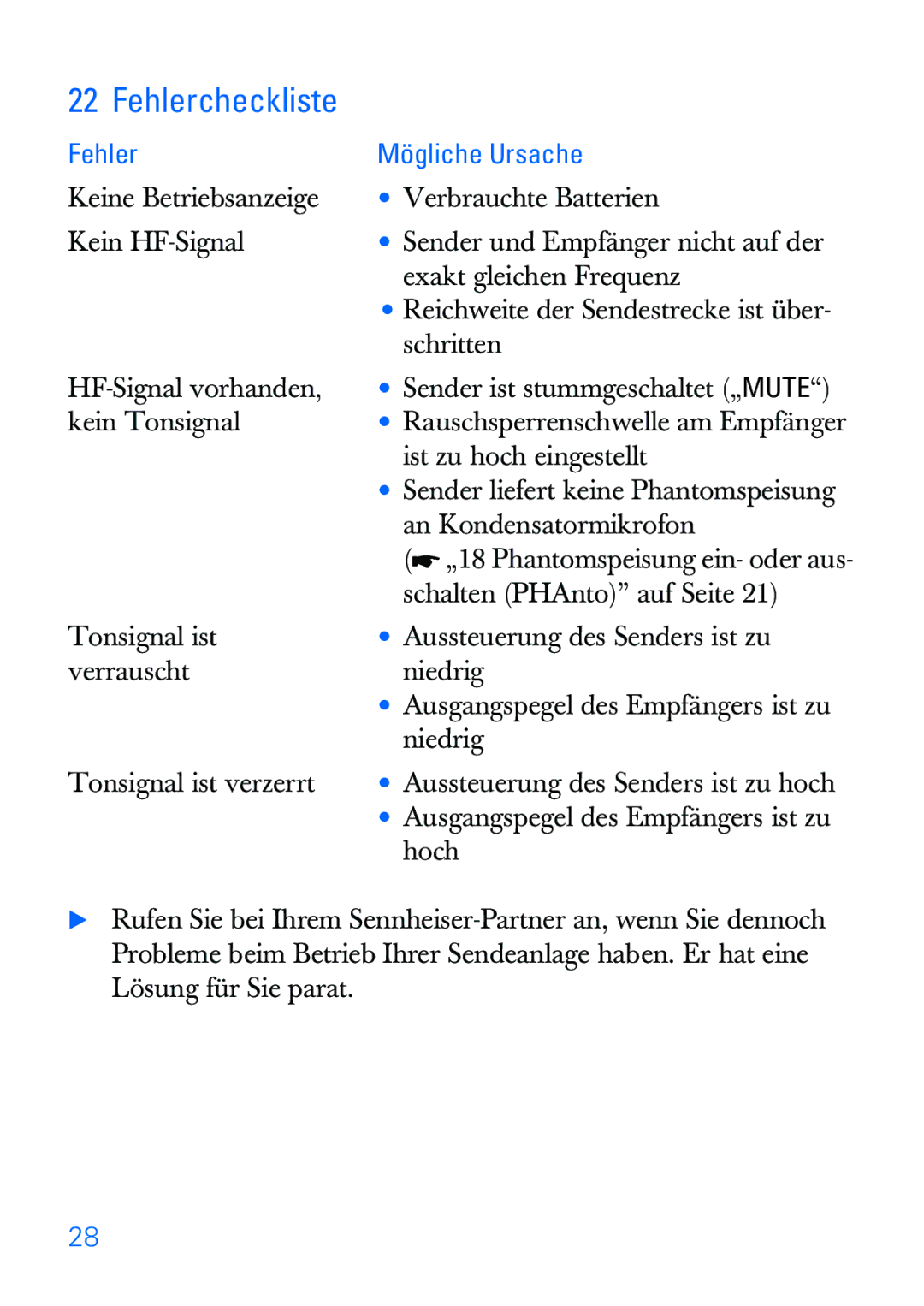 Sennheiser SKP 30 manual Fehlercheckliste, Fehler Mögliche Ursache 