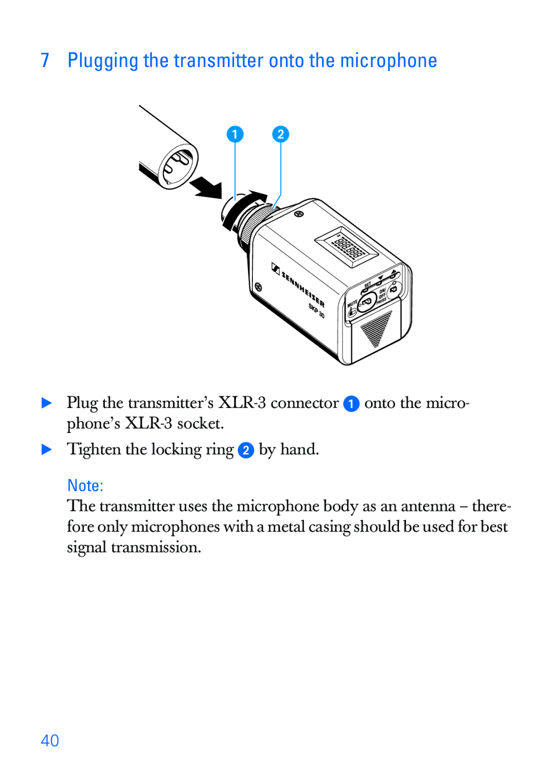 Sennheiser SKP 30 manual Plugging the transmitter onto the microphone 