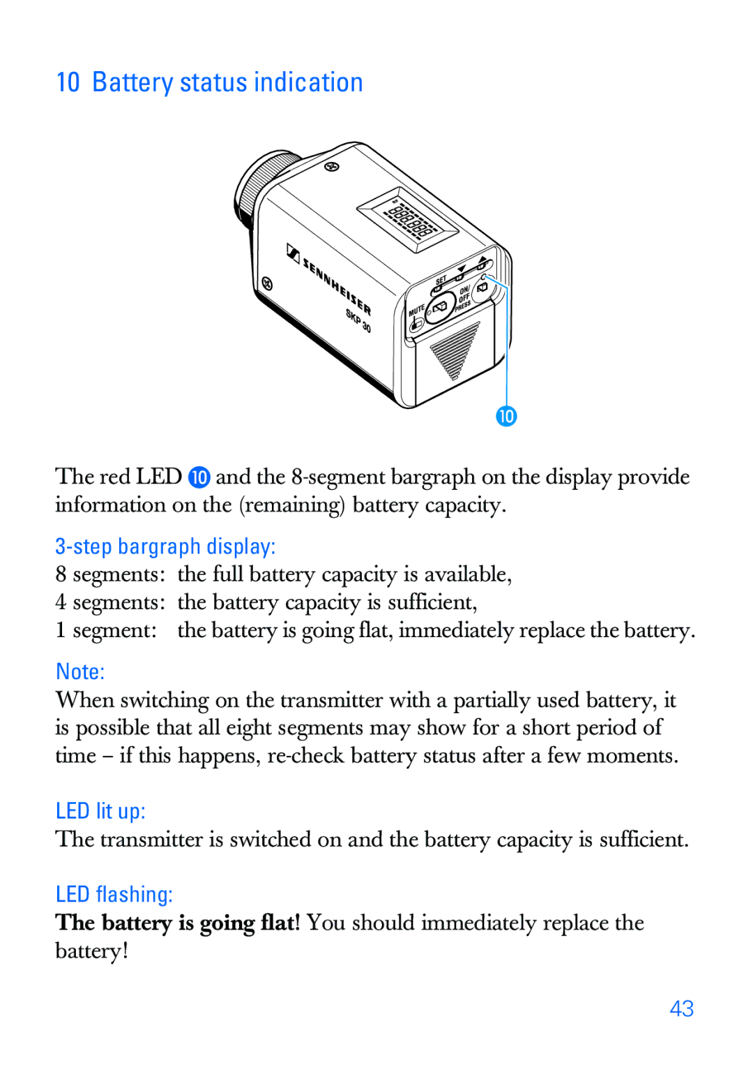 Sennheiser SKP 30 manual Battery status indication, Step bargraph display, LED lit up, LED flashing 