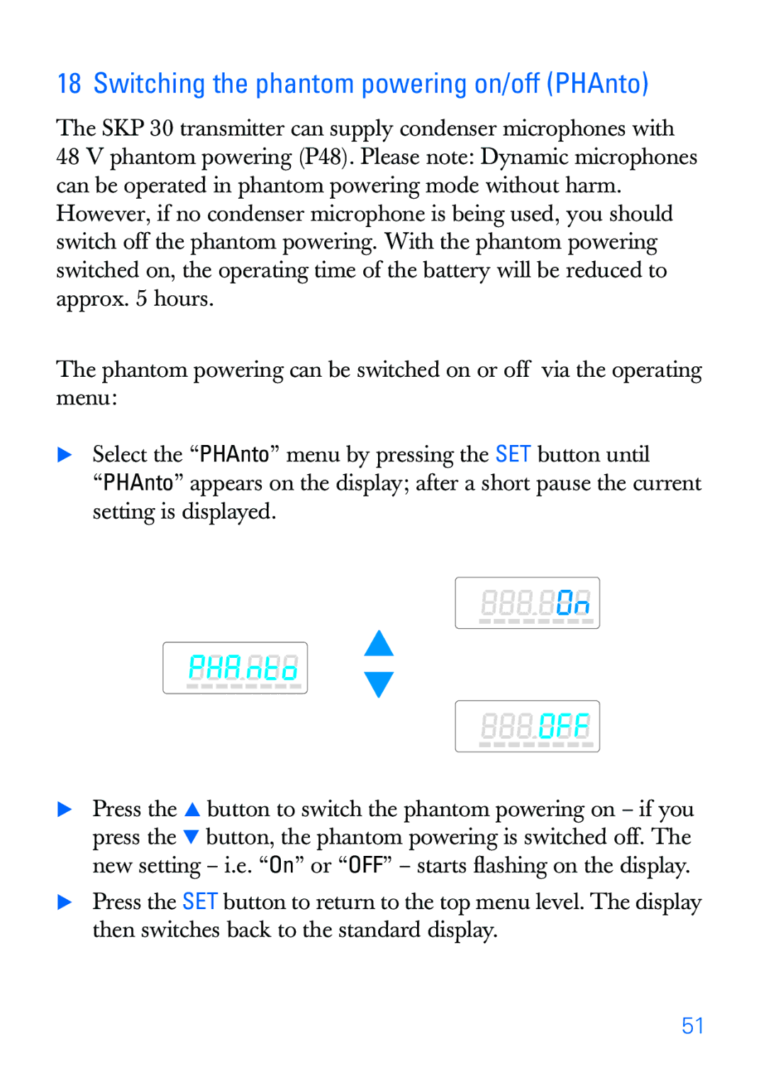 Sennheiser SKP 30 manual Switching the phantom powering on/off PHAnto 