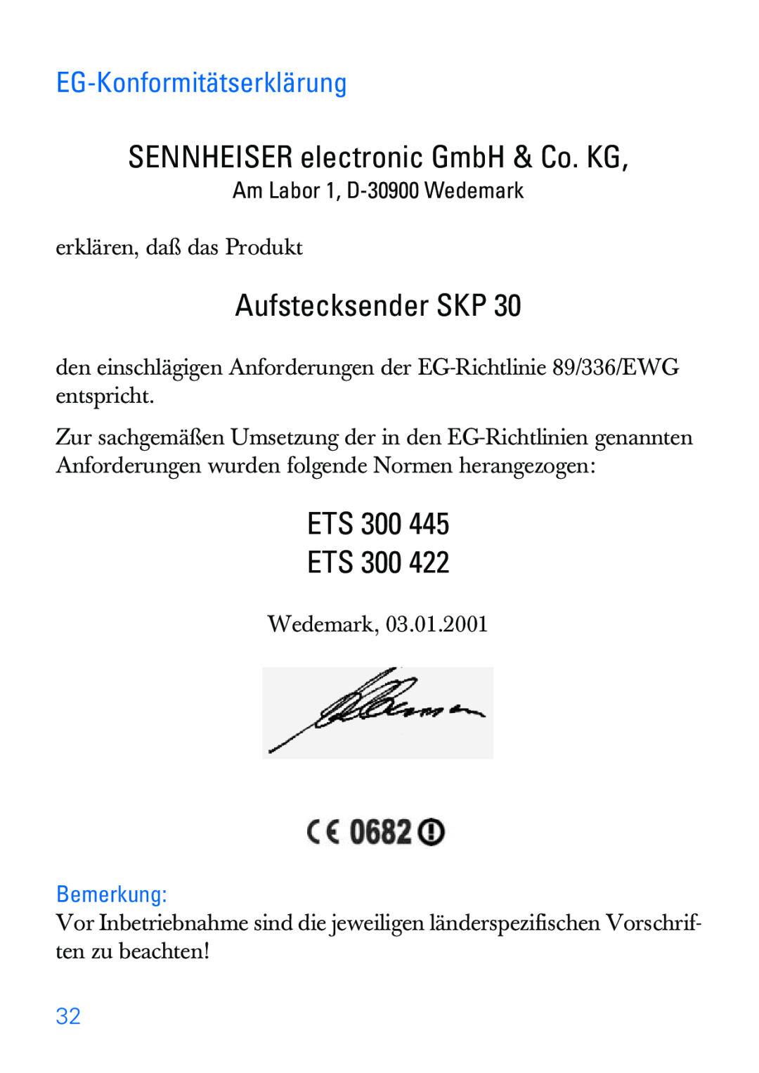 Sennheiser SKP 30 manual SENNHEISER electronic GmbH & Co. KG, Aufstecksender SKP, ETS 300 ETS 300, EG-Konformitätserklärung 