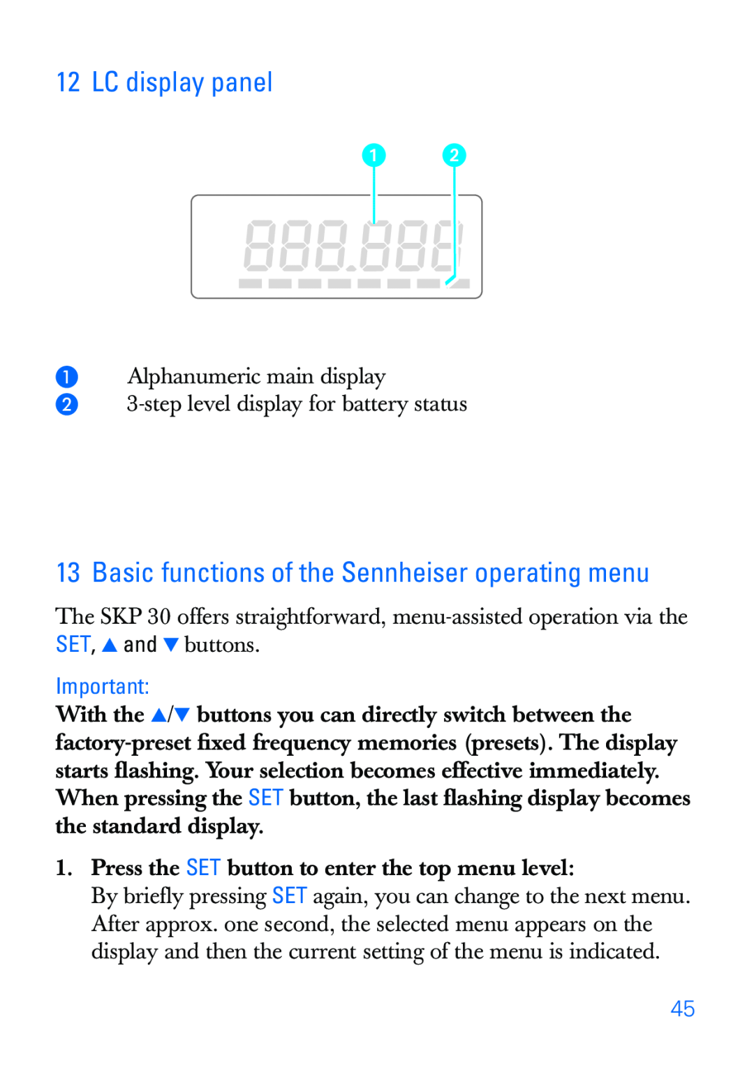 Sennheiser SKP 30 manual LC display panel, Basic functions of the Sennheiser operating menu 