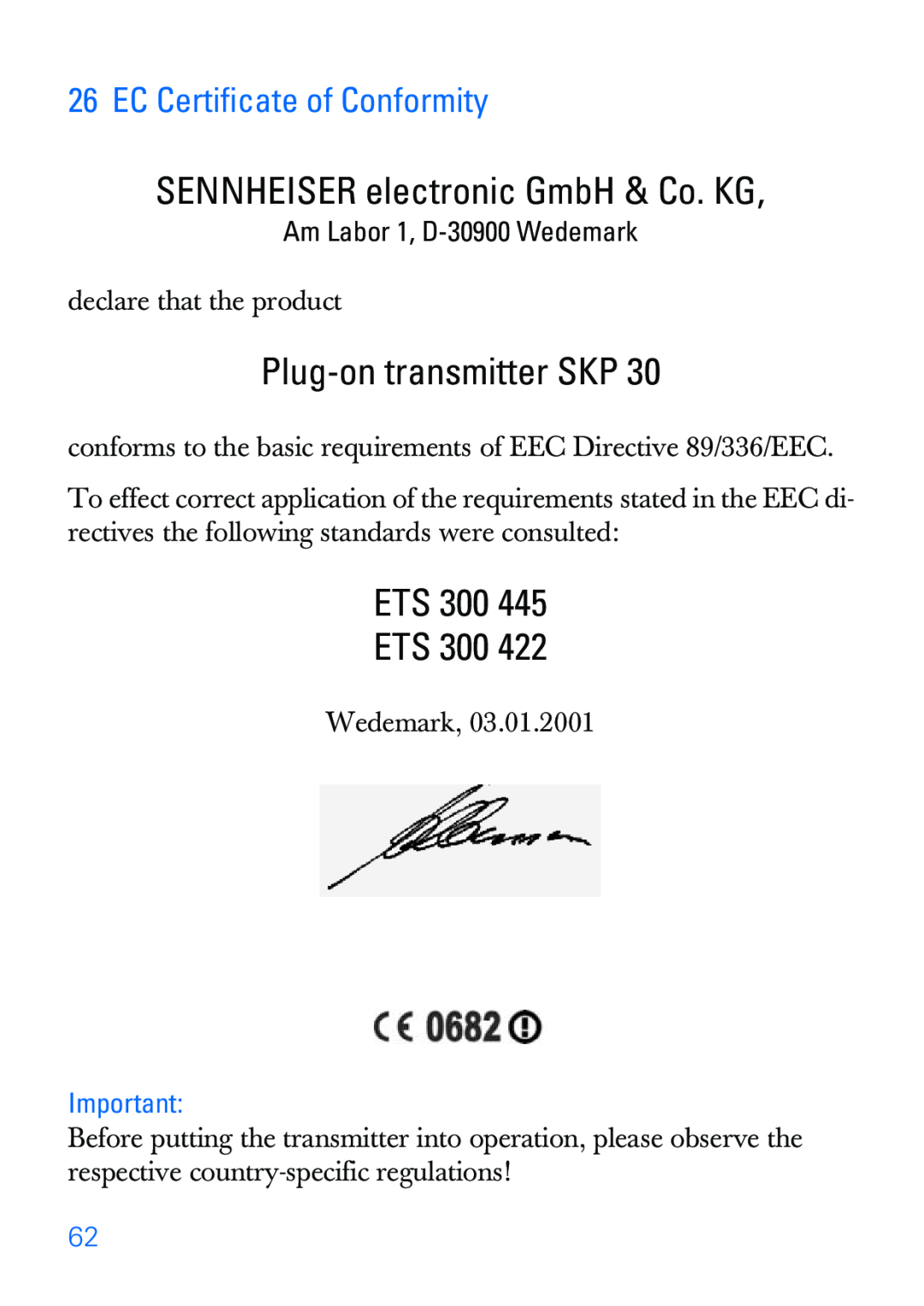 Sennheiser SKP 30 manual Plug-on transmitter SKP, EC Certiﬁcate of Conformity, SENNHEISER electronic GmbH & Co. KG 