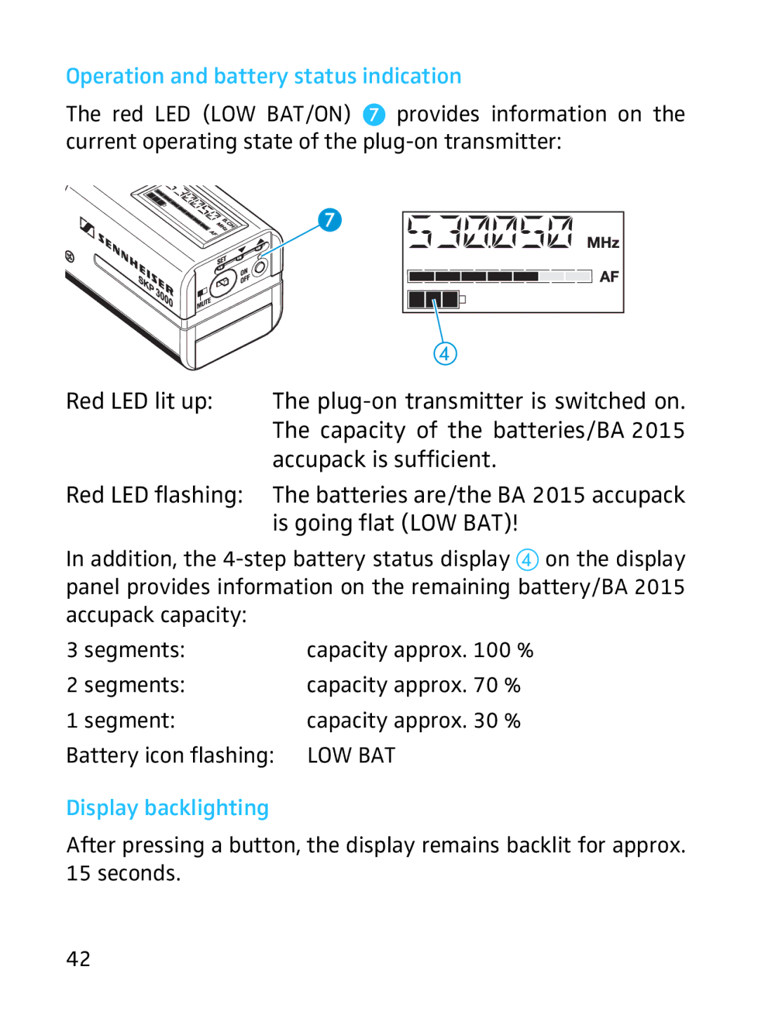 Sennheiser SKP 3000 manual Operation and battery status indication, Accupack capacity Segments, Battery icon flashing 