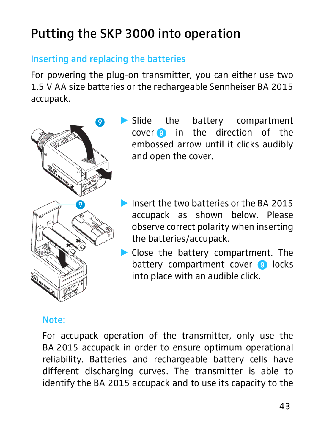 Sennheiser manual Putting the SKP 3000 into operation, Inserting and replacing the batteries 