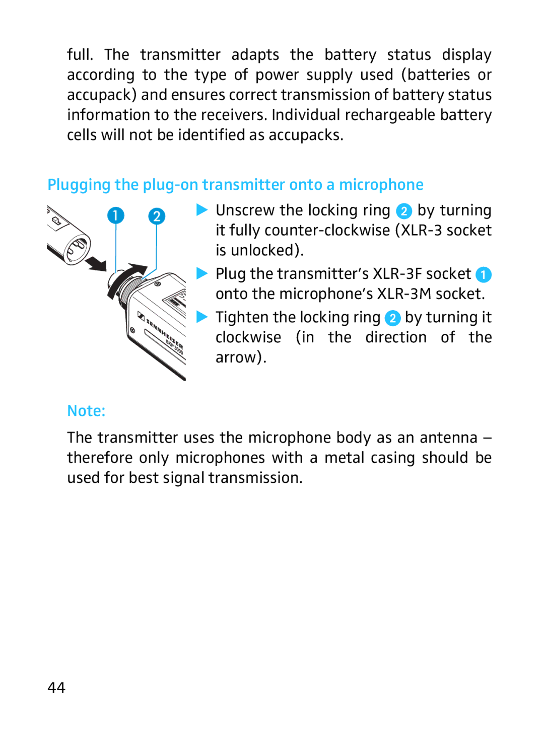 Sennheiser SKP 3000 manual Plugging the plug-on transmitter onto a microphone 