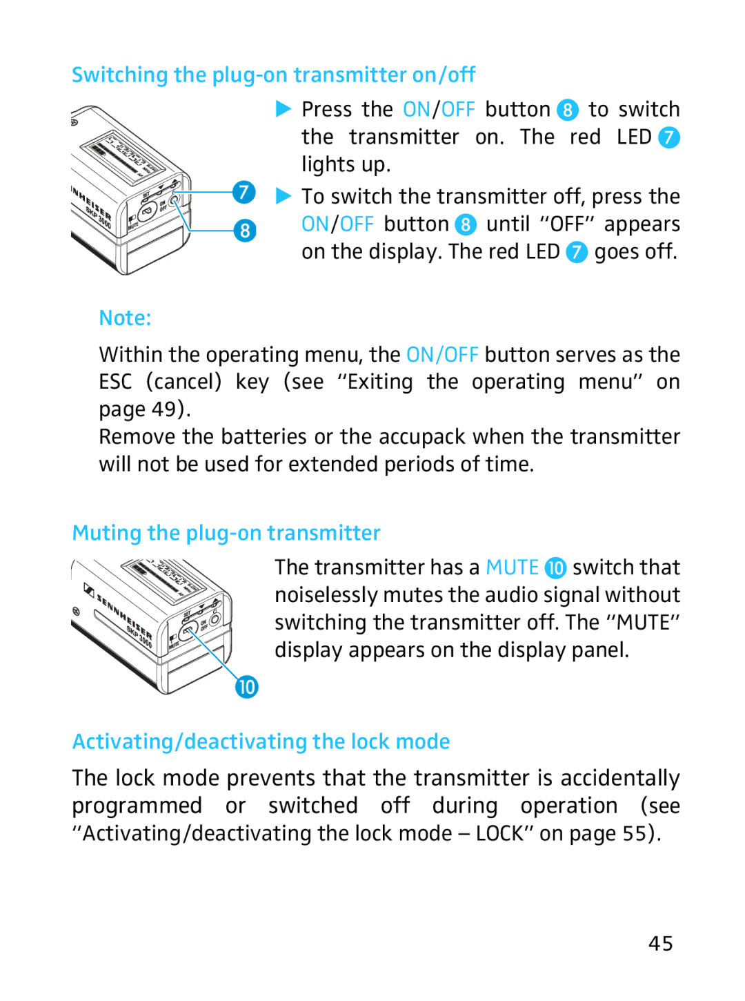 Sennheiser SKP 3000 manual Transmitter on. The red LED lights up, Muting the plug-on transmitter 