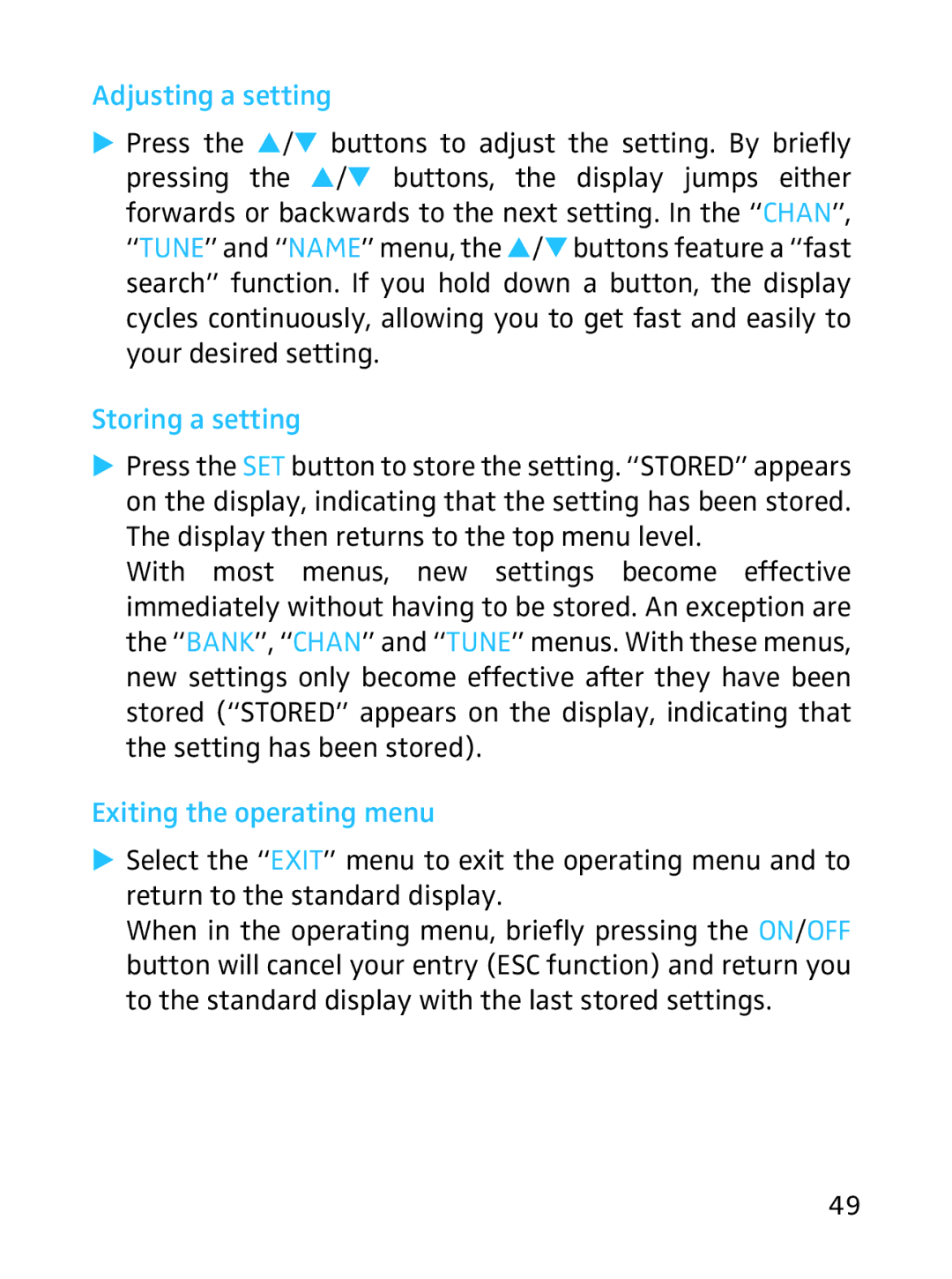 Sennheiser SKP 3000 manual Adjusting a setting, Buttons to adjust the setting. By briefly, Storing a setting 