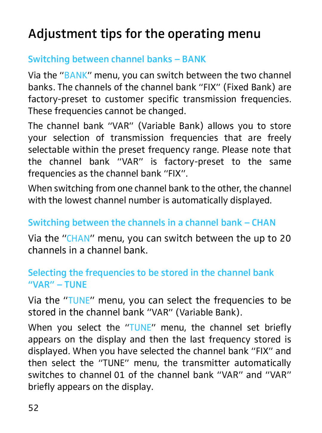 Sennheiser SKP 3000 manual Adjustment tips for the operating menu, Switching between channel banks Bank 