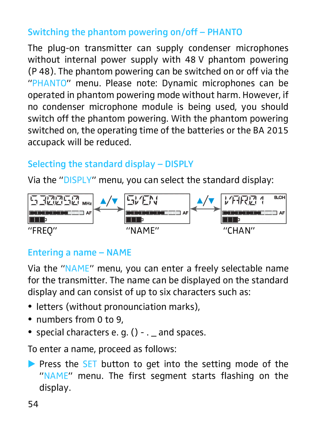 Sennheiser SKP 3000 manual Switching the phantom powering on/off Phanto, Selecting the standard display Disply 