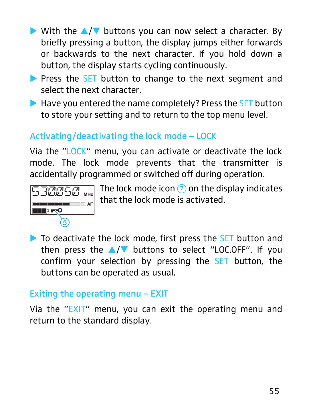 Sennheiser SKP 3000 manual Activating/deactivating the lock mode Lock, Exiting the operating menu Exit 