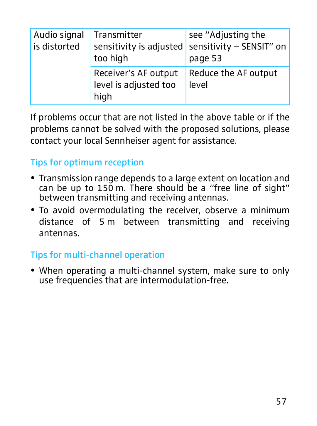 Sennheiser SKP 3000 manual Audio signal Transmitter See Adjusting Is distorted, Tips for optimum reception 