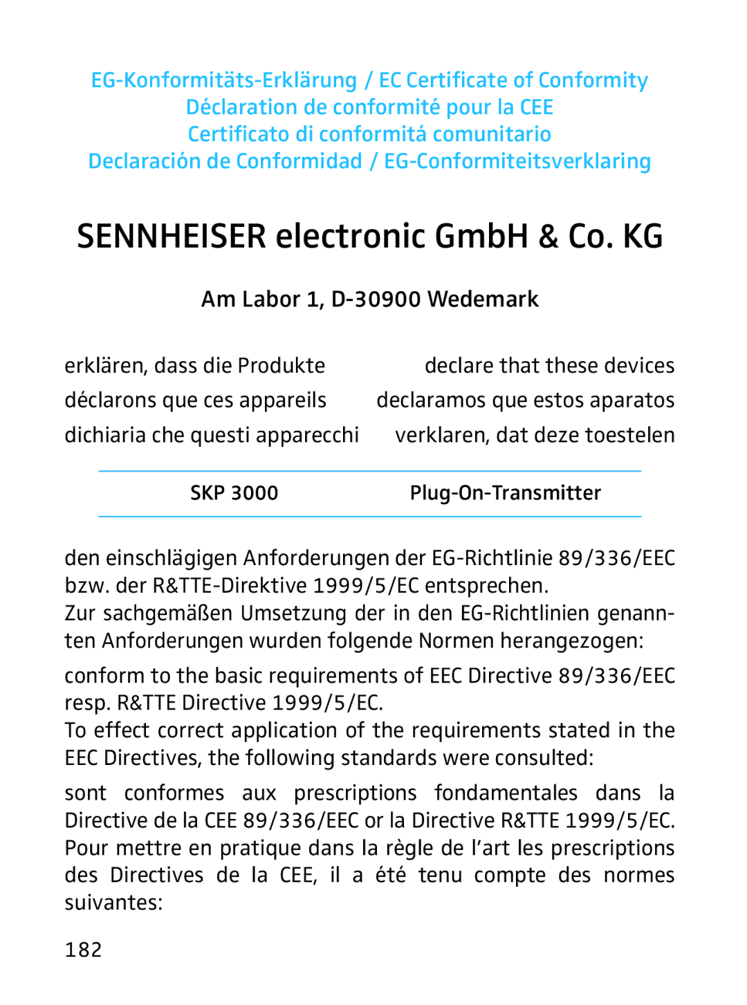 Sennheiser SKP 3000 manual EG-Konformitäts-Erklärung / EC Certificate of Conformity, Verklaren, dat deze toestelen 