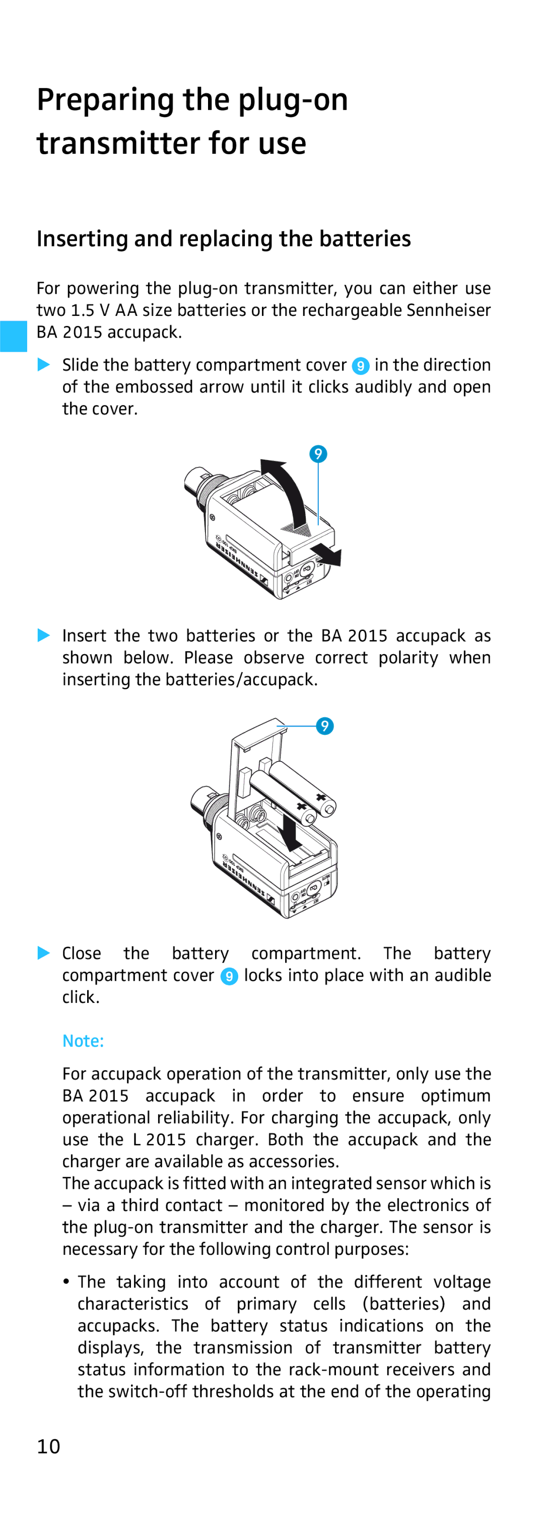 Sennheiser SKP 500 manual Preparing the plug-on transmitter for use, Inserting and replacing the batteries 