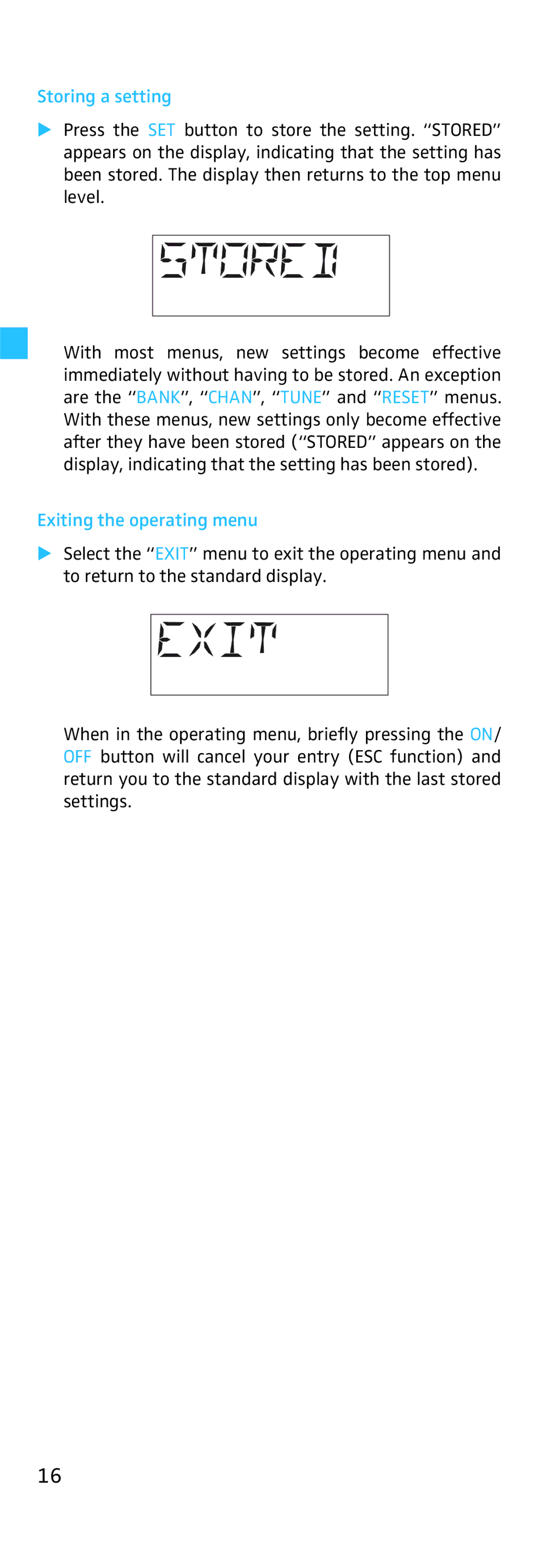 Sennheiser SKP 500 manual Storing a setting, Exiting the operating menu 