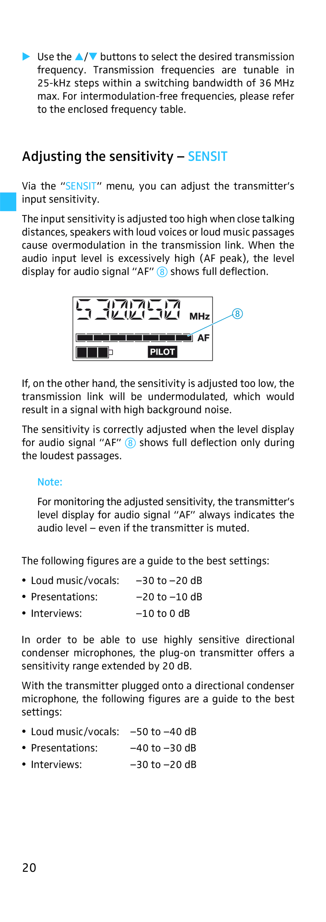 Sennheiser SKP 500 manual Adjusting the sensitivity Sensit 