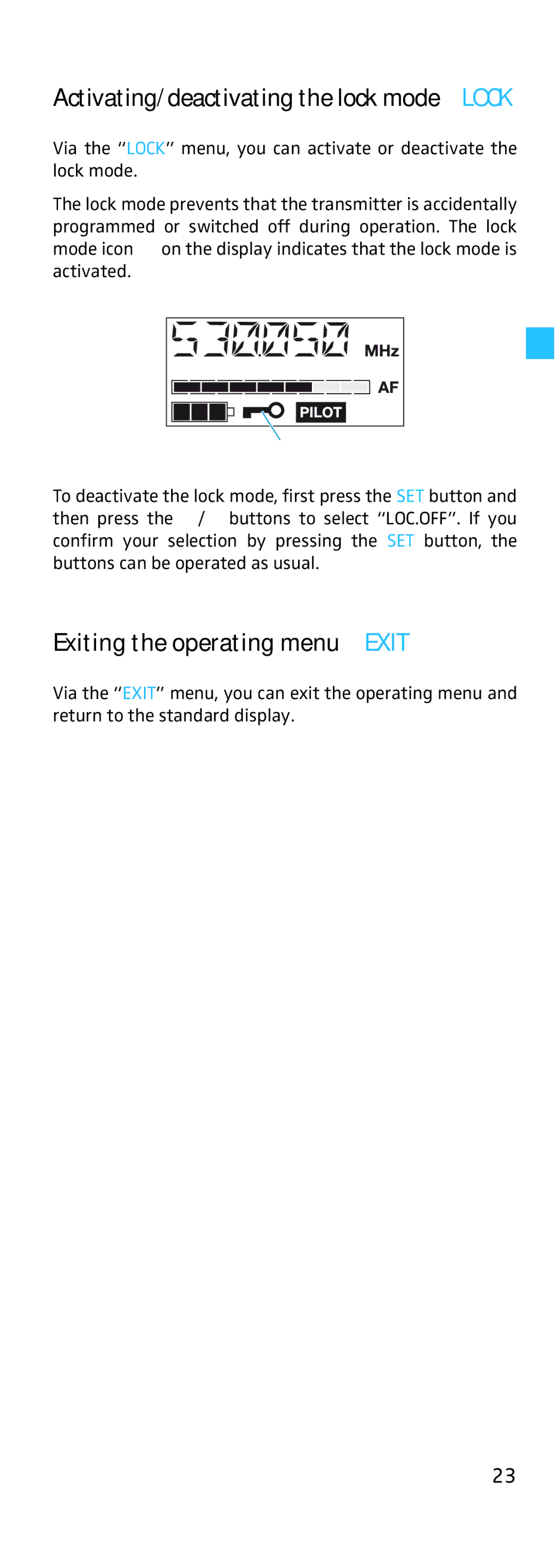 Sennheiser SKP 500 manual Activating/deactivating the lock mode Lock, Exiting the operating menu Exit 