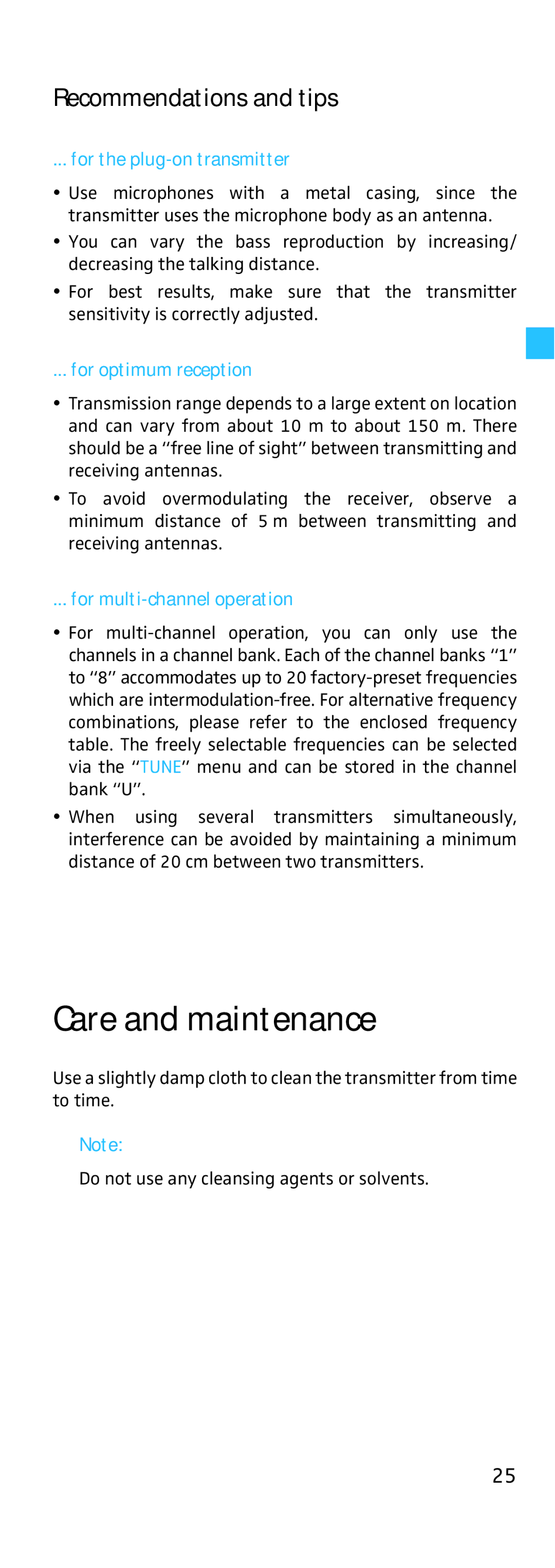 Sennheiser SKP 500 Care and maintenance, Recommendations and tips, For the plug-on transmitter, For optimum reception 