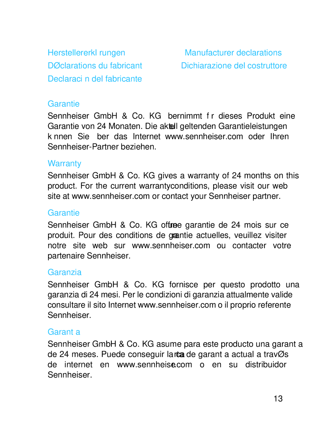 Sennheiser SLT24520FC instruction manual Dichiarazione del costruttore 