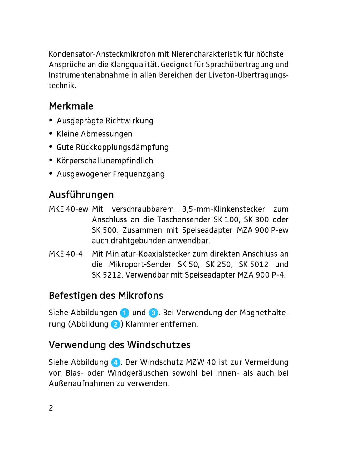 Sennheiser SLT24520FC instruction manual Merkmale, Ausführungen, Befestigen des Mikrofons, Verwendung des Windschutzes 