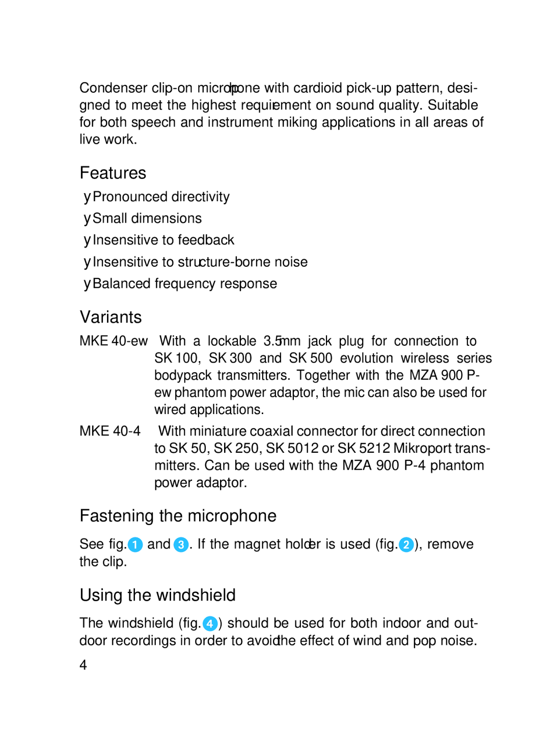 Sennheiser SLT24520FC instruction manual Features, Variants, Fastening the microphone, Using the windshield 