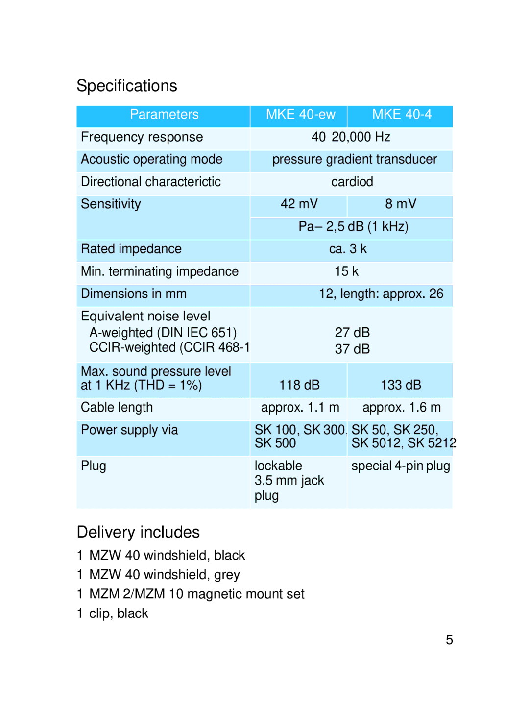 Sennheiser SLT24520FC instruction manual Specifications, Delivery includes, Parameters MKE 40-ew 