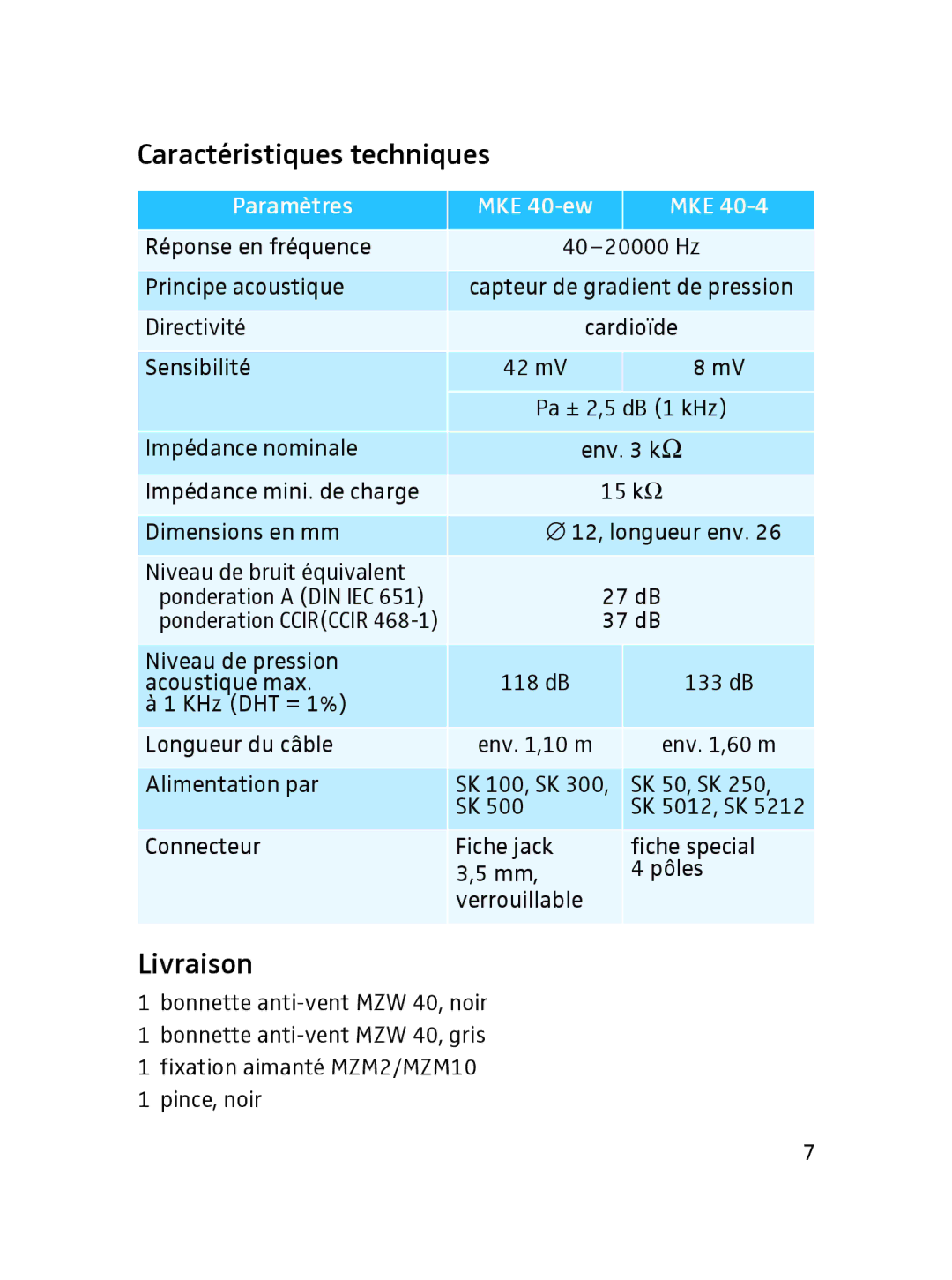 Sennheiser SLT24520FC instruction manual Caractéristiques techniques, Livraison, Paramètres MKE 40-ew 