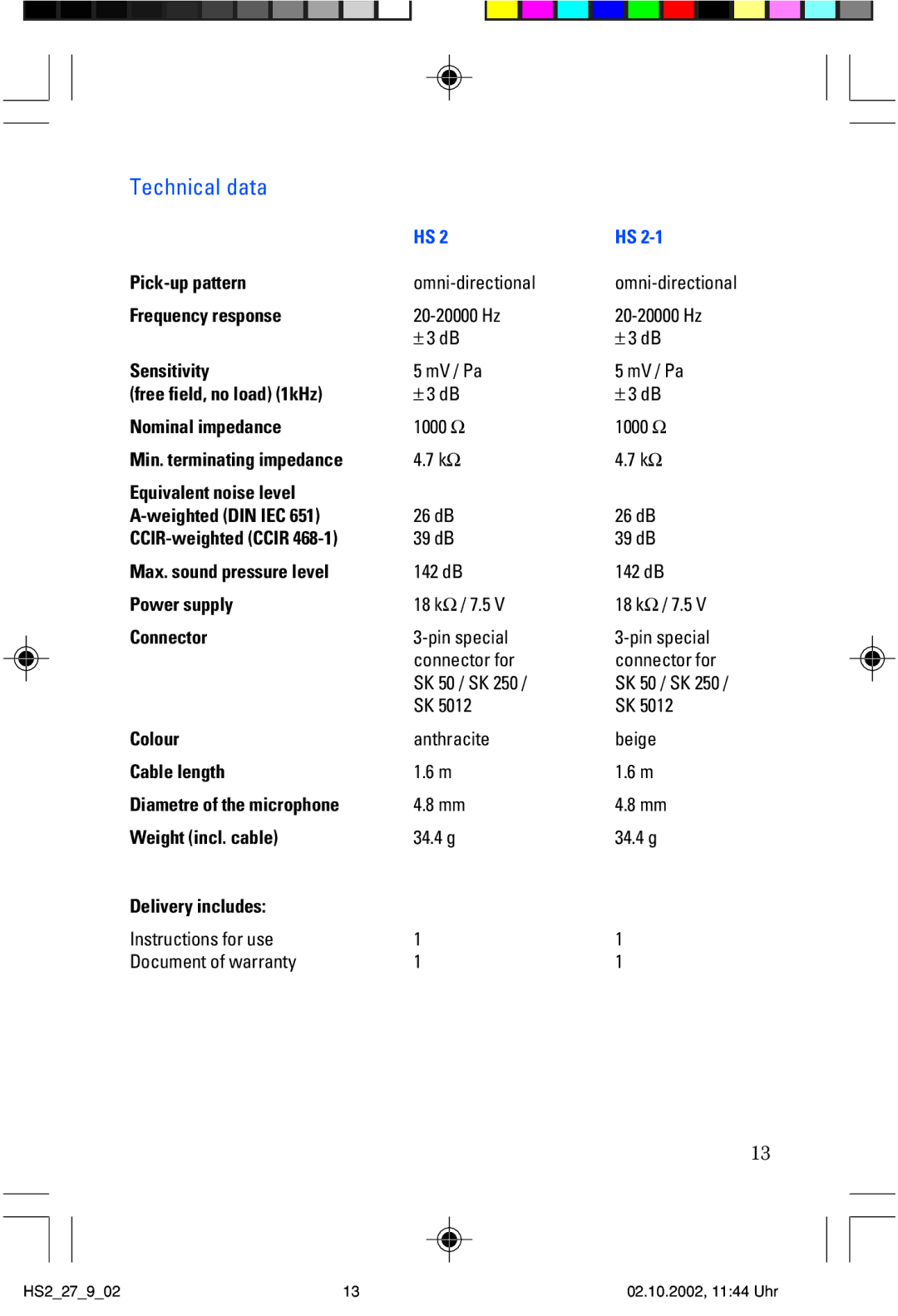 Sennheiser SP2265FC manual Technical data, Beige 34.4 g 