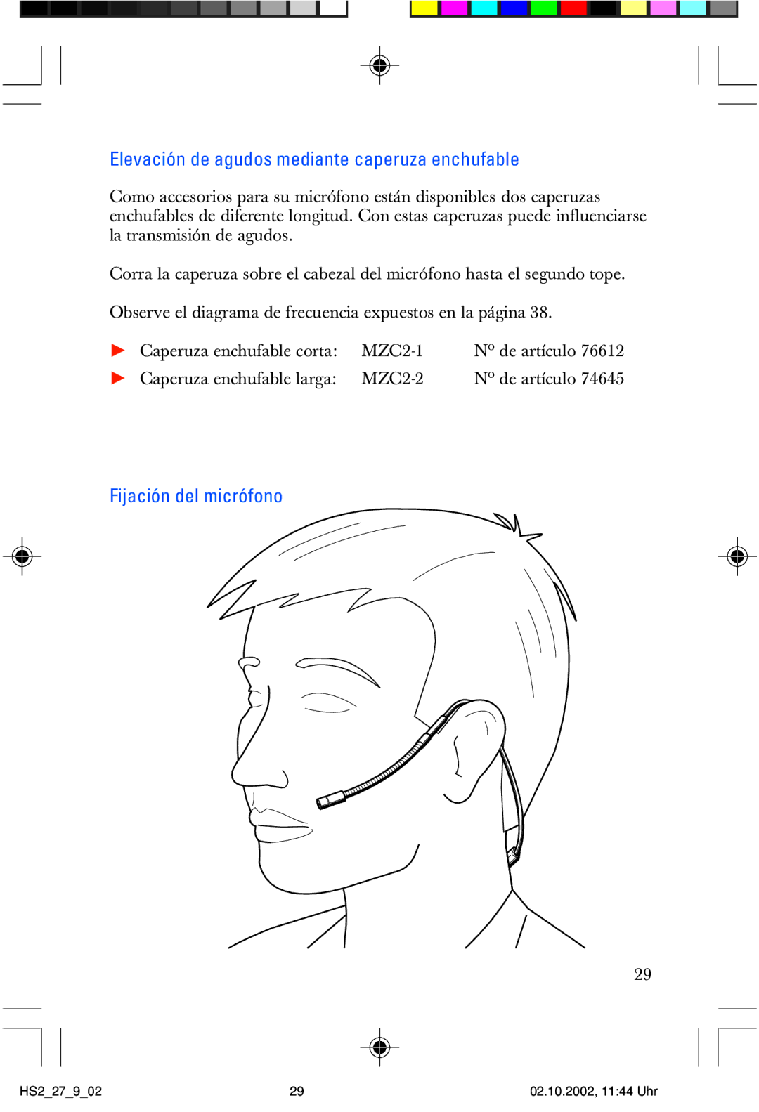 Sennheiser SP2265FC manual Elevación de agudos mediante caperuza enchufable, Fijación del micrófono 