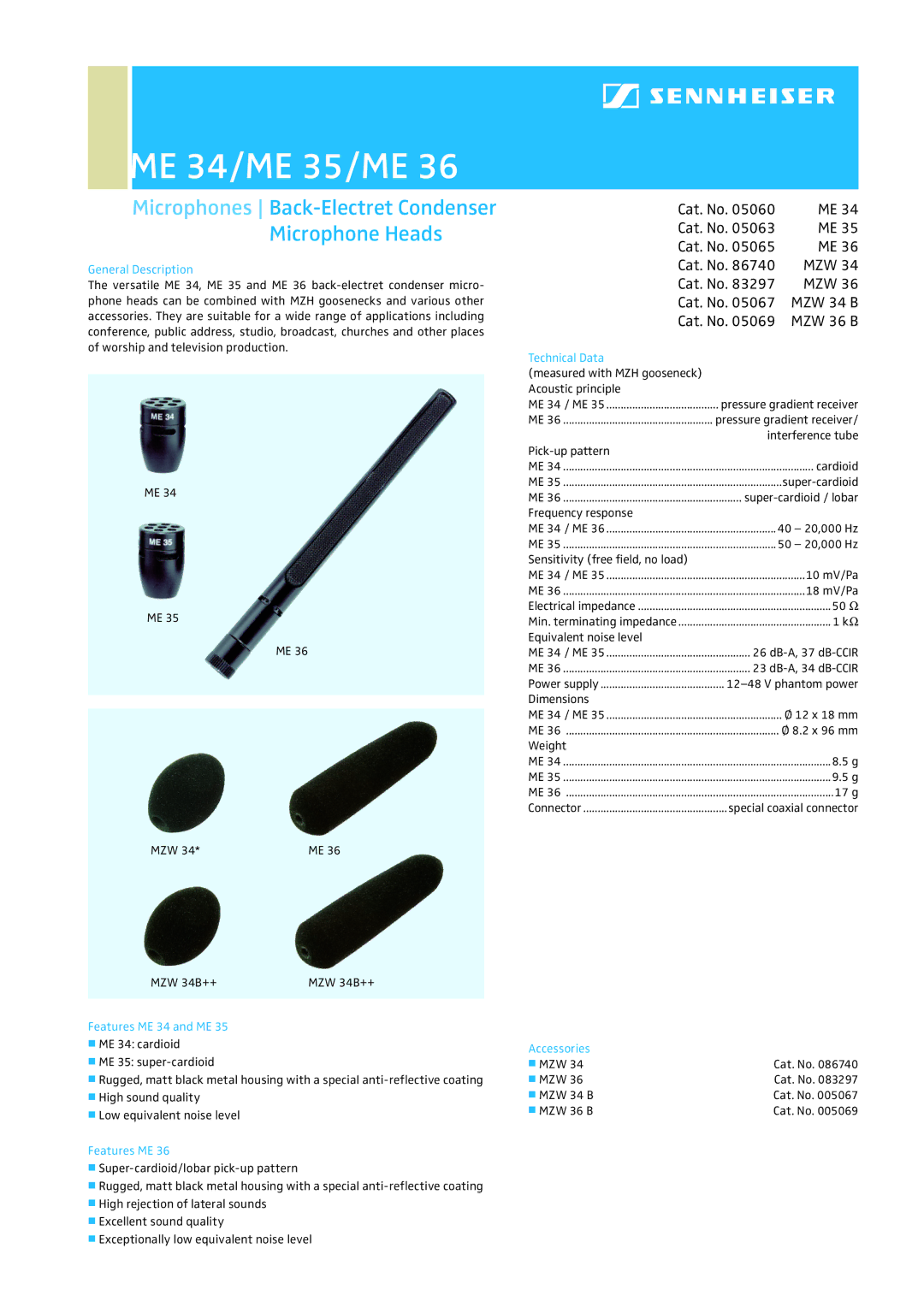 Sennheiser SPV22675HWFC dimensions ME 34/ME 35/ME, Microphones Back-Electret Condenser Microphone Heads, Mzw, MZW 34 B 