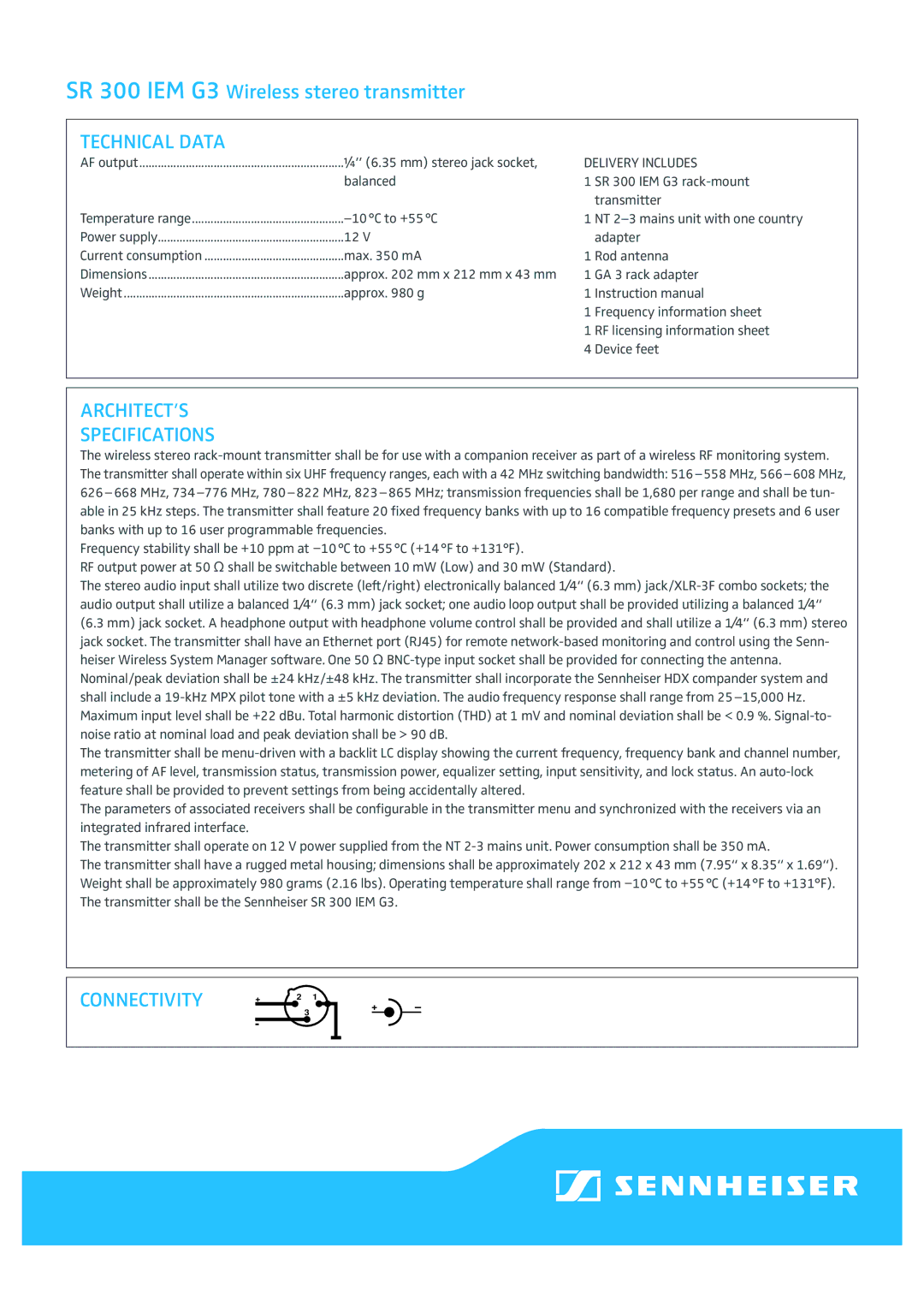 Sennheiser SR 300 IEM G3 manual ARCHITECT’S Specifications, Connectivity 