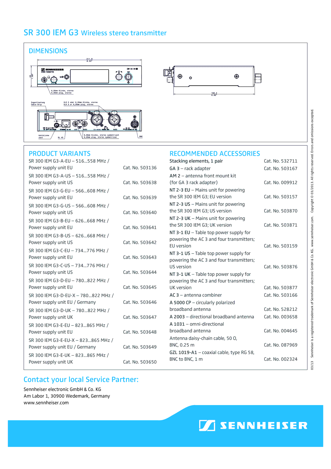 Sennheiser SR 300 IEM G3 manual Dimensions Product Variants, Recommended Accessories 