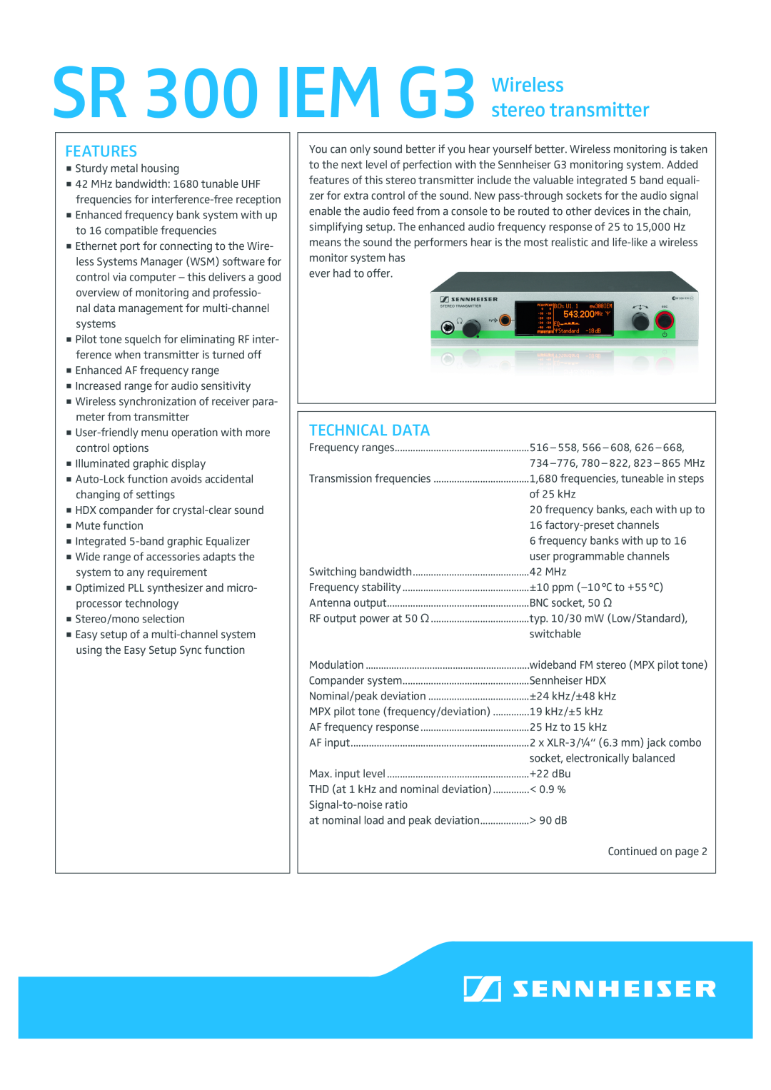 Sennheiser manual Features, Technical Data, SR 300 IEM G3 Wireless, stereo transmitter 