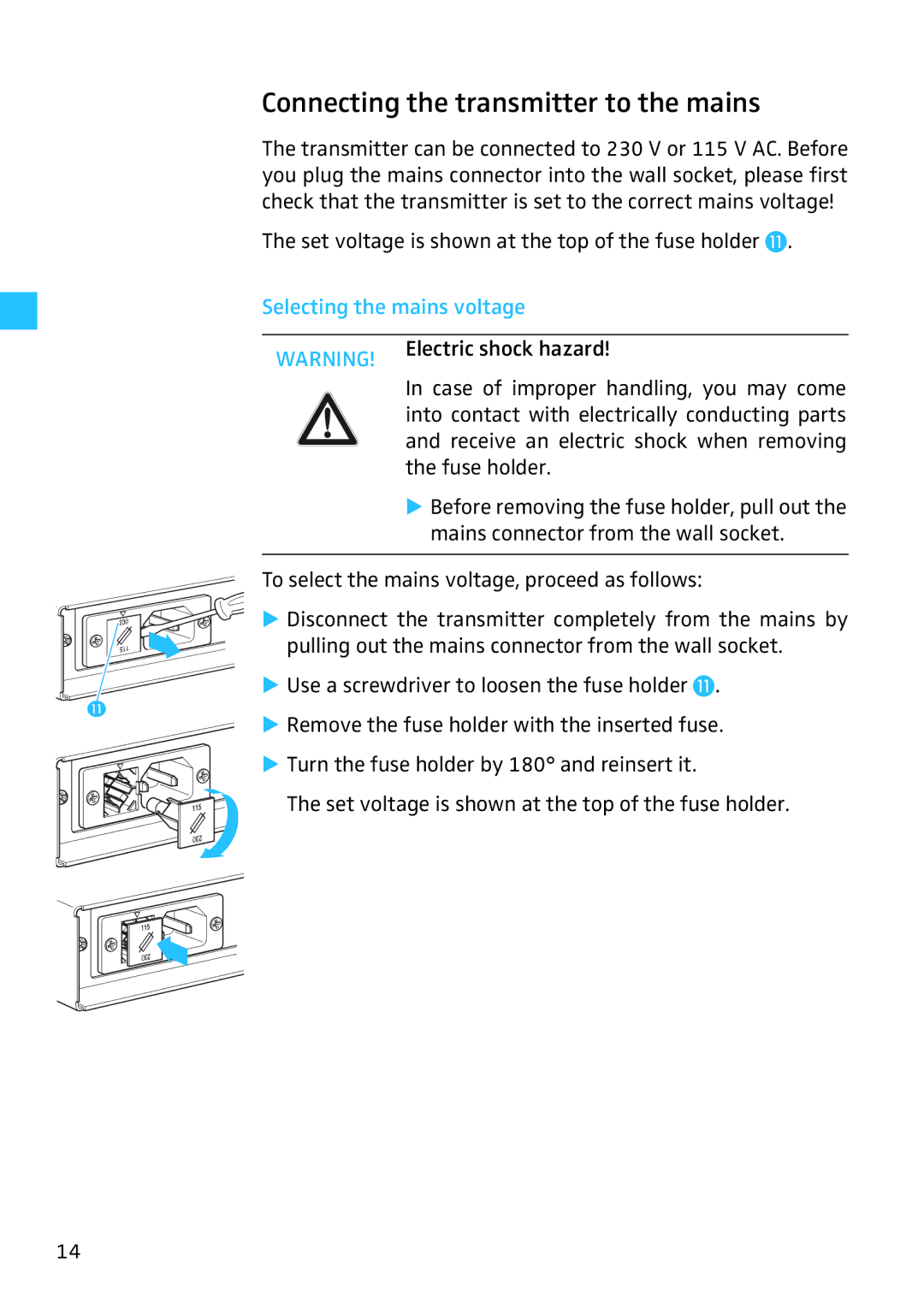 Sennheiser SR 3254, SR 3256 manual Connecting the transmitter to the mains, Selecting the mains voltage 