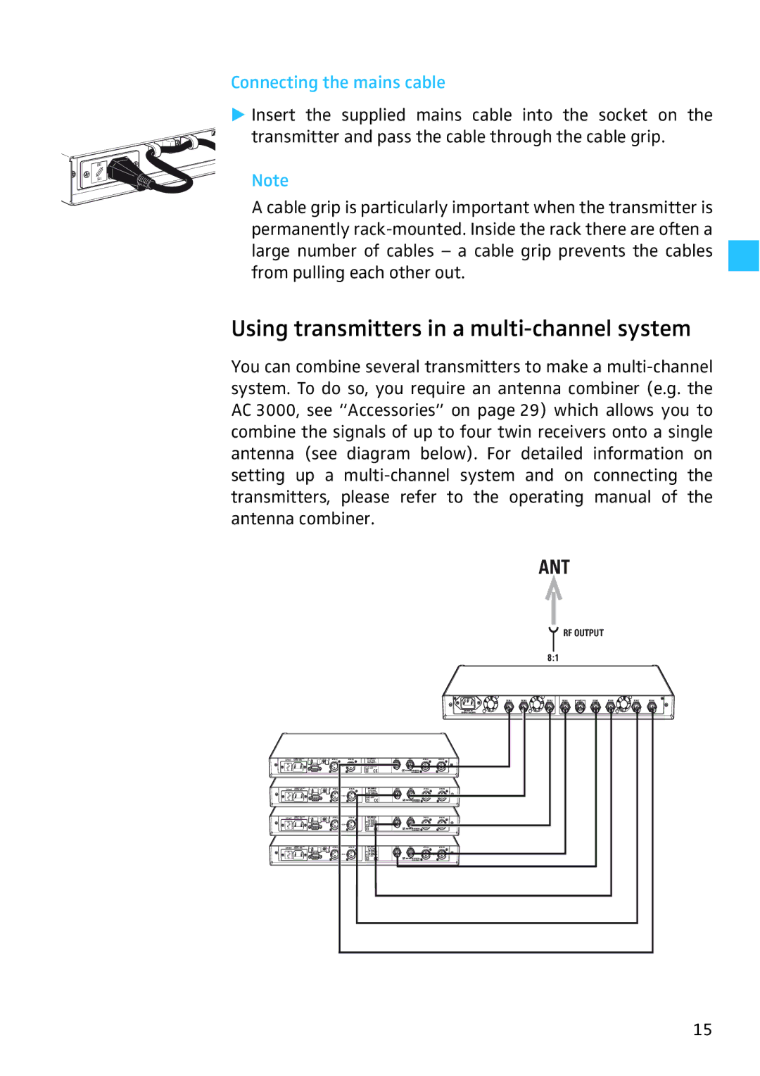 Sennheiser SR 3256, SR 3254 manual Using transmitters in a multi-channel system, Connecting the mains cable 