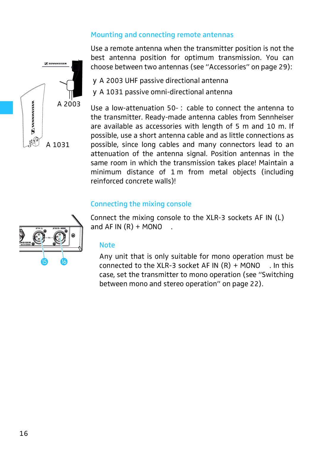 Sennheiser SR 3254, SR 3256 manual Mounting and connecting remote antennas, Connecting the mixing console 