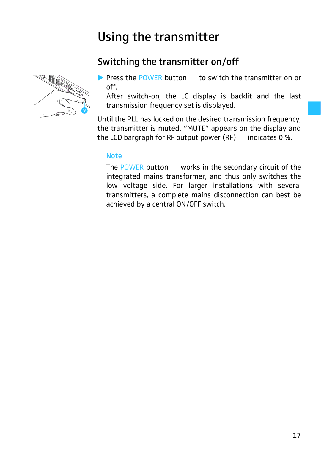 Sennheiser SR 3256, SR 3254 manual Using the transmitter, Switching the transmitter on/off 