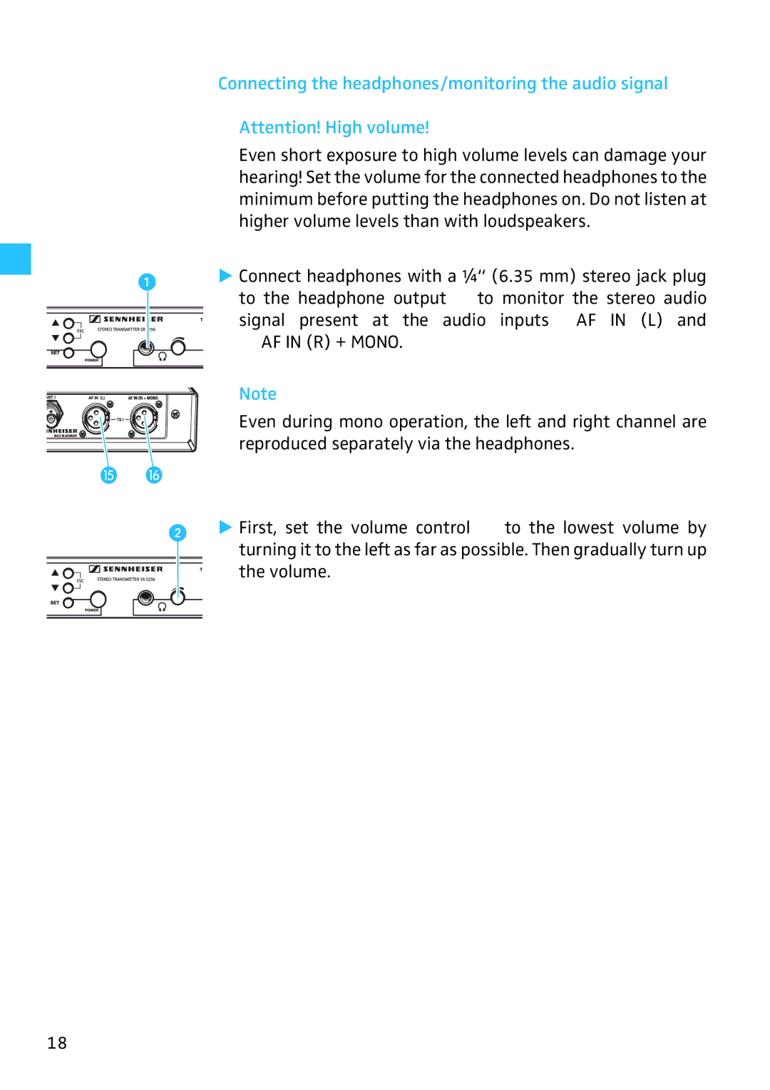 Sennheiser SR 3254, SR 3256 manual Connecting the headphones/monitoring the audio signal, AF in R + Mono 