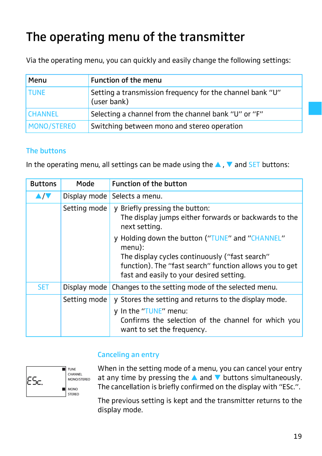 Sennheiser SR 3256, SR 3254 manual Operating menu of the transmitter, Buttons, Canceling an entry 