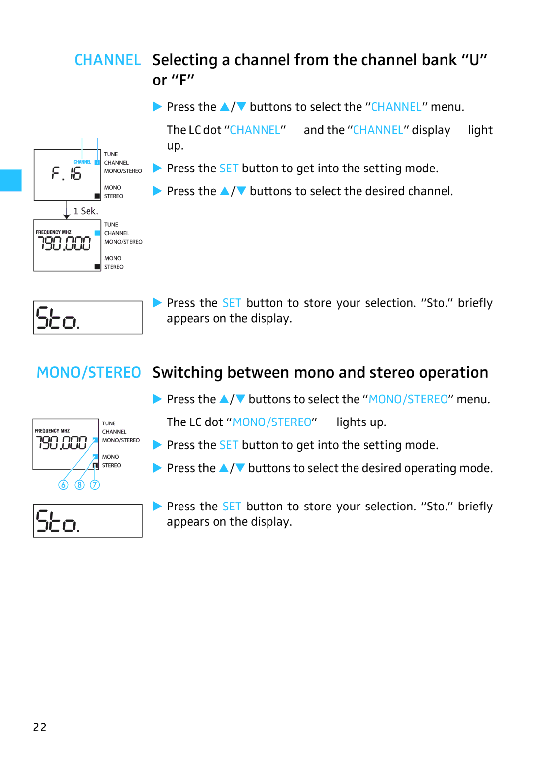 Sennheiser SR 3254, SR 3256 manual Channel Selecting a channel from the channel bank U or F 