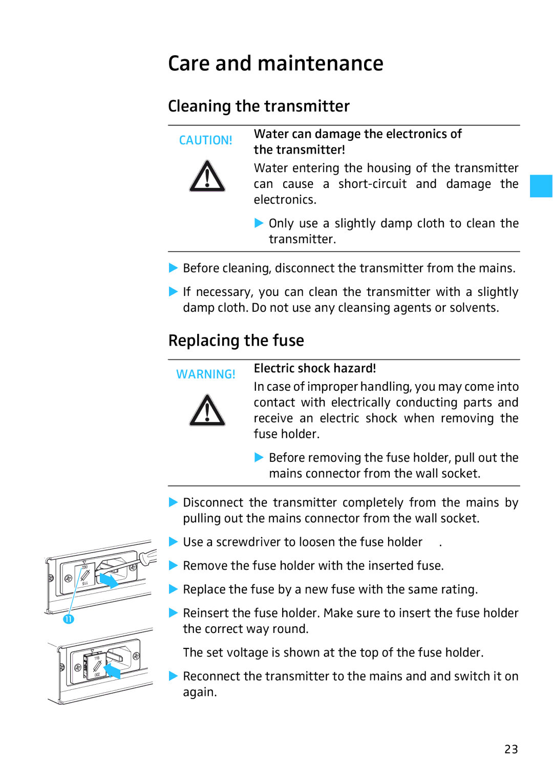 Sennheiser SR 3256, SR 3254 manual Care and maintenance, Cleaning the transmitter, Replacing the fuse 