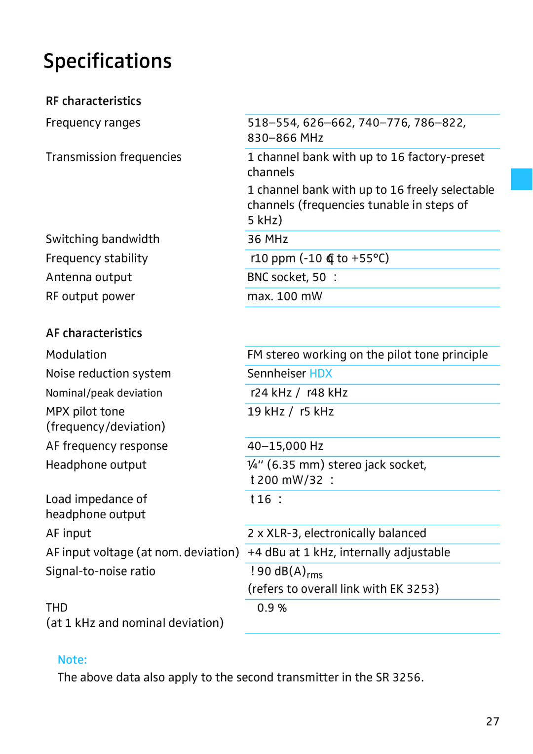 Sennheiser SR 3256, SR 3254 manual Specifications, Thd 