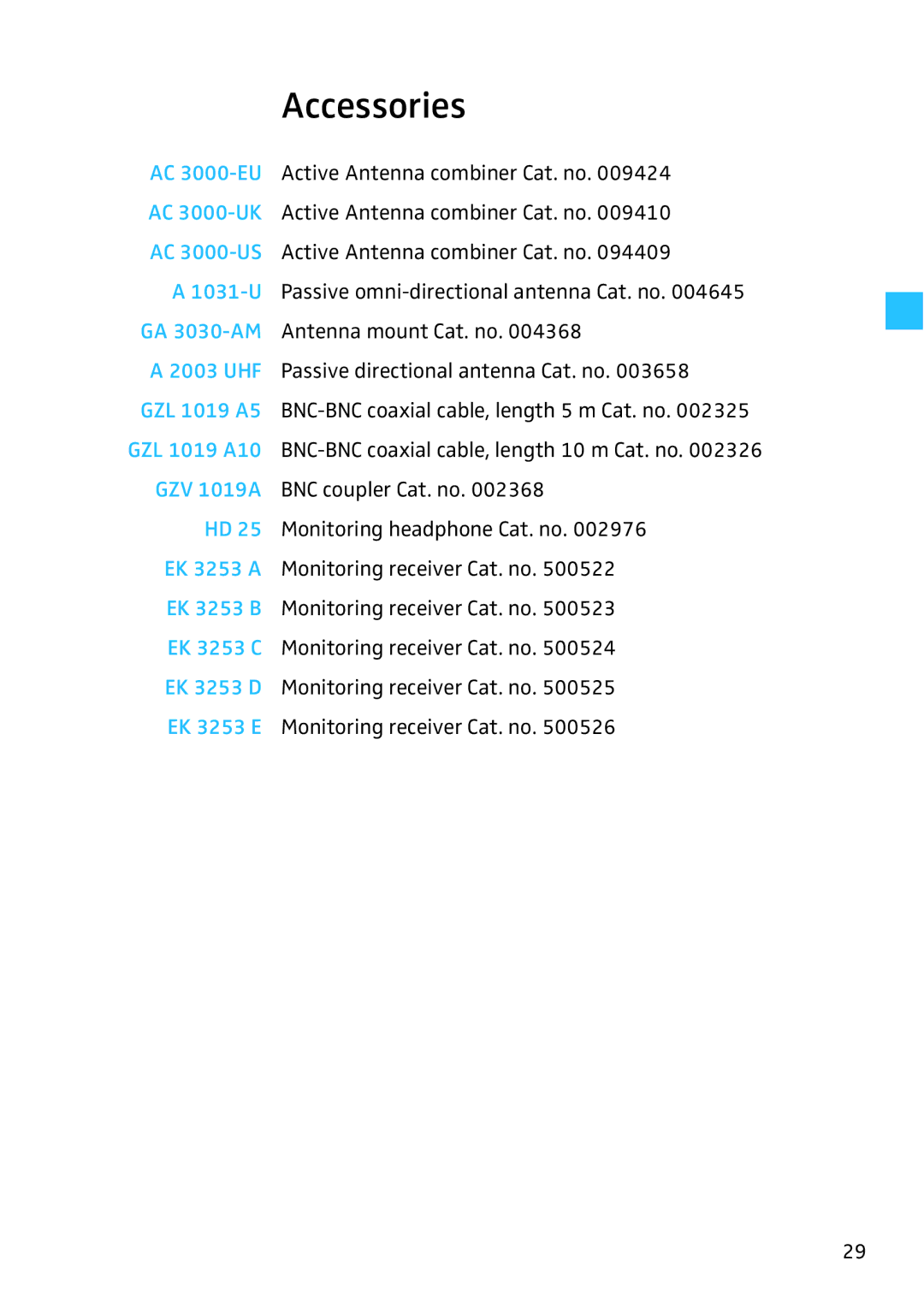 Sennheiser SR 3256, SR 3254 manual Accessories 