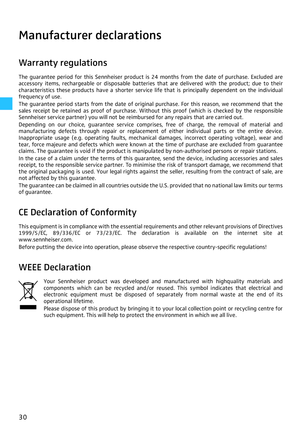 Sennheiser SR 3254 manual Manufacturer declarations, Warranty regulations, CE Declaration of Conformity, Weee Declaration 