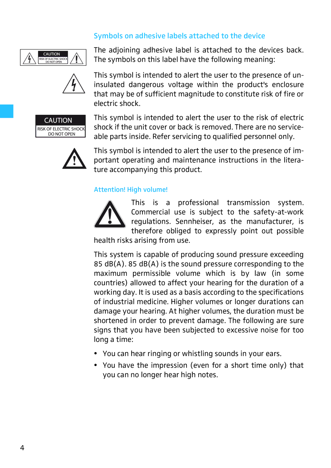 Sennheiser SR 3254, SR 3256 manual Symbols on adhesive labels attached to the device 