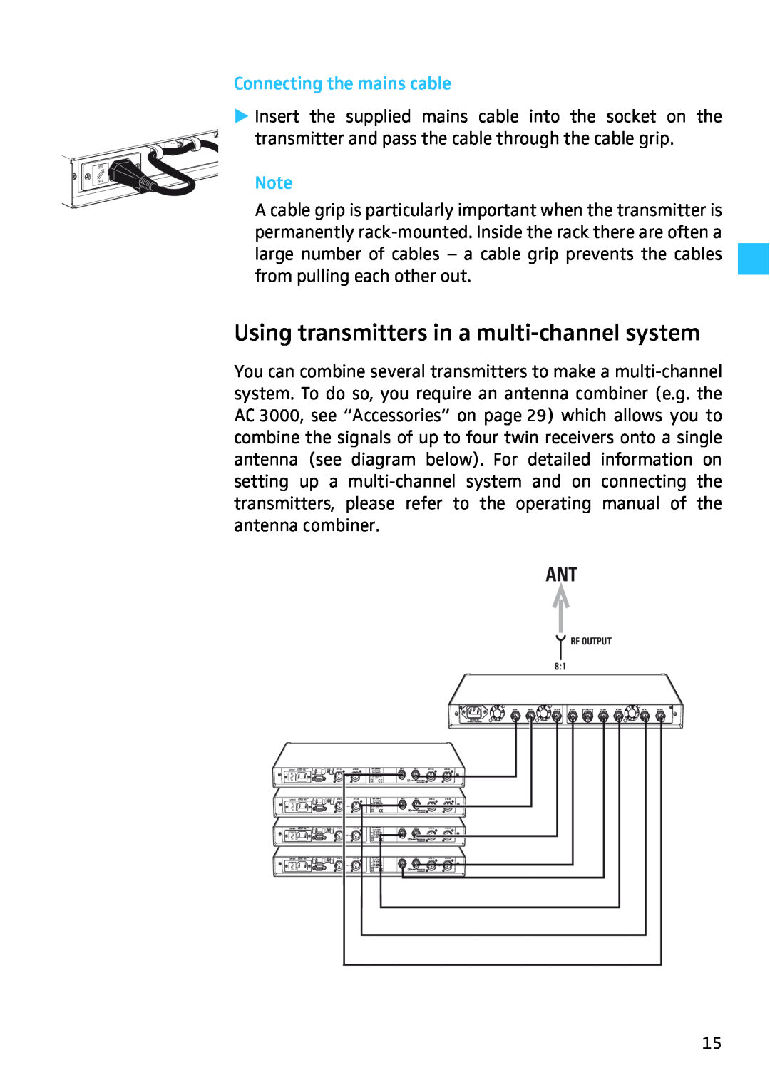Sennheiser SR 3256, SR 3254 manual Using transmitters in a multi-channelsystem, Connecting the mains cable 