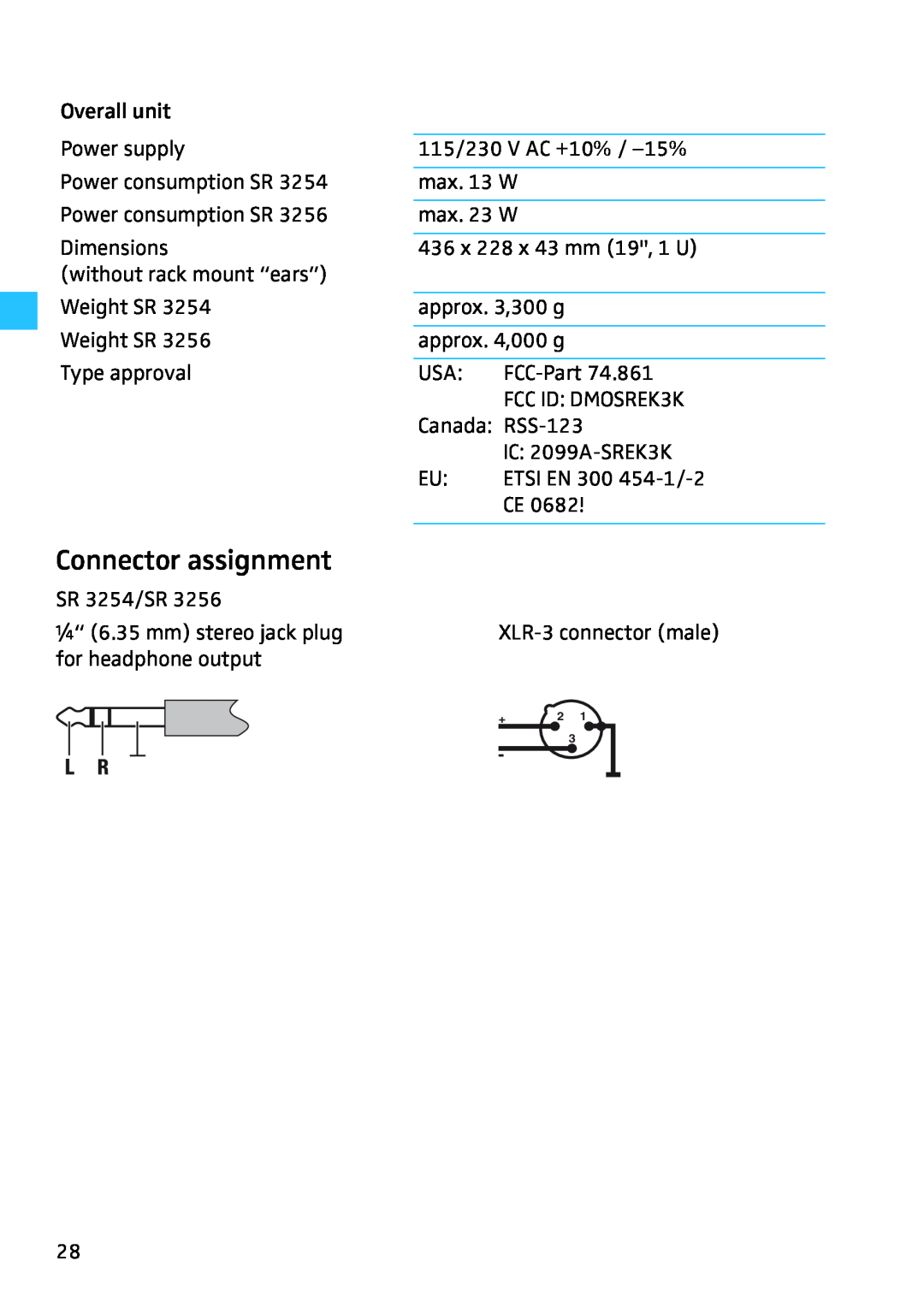Sennheiser SR 3256 manual Connector assignment, SR 3254/SR, ¼“ 6.35 mm stereo jack plug, for headphone output 