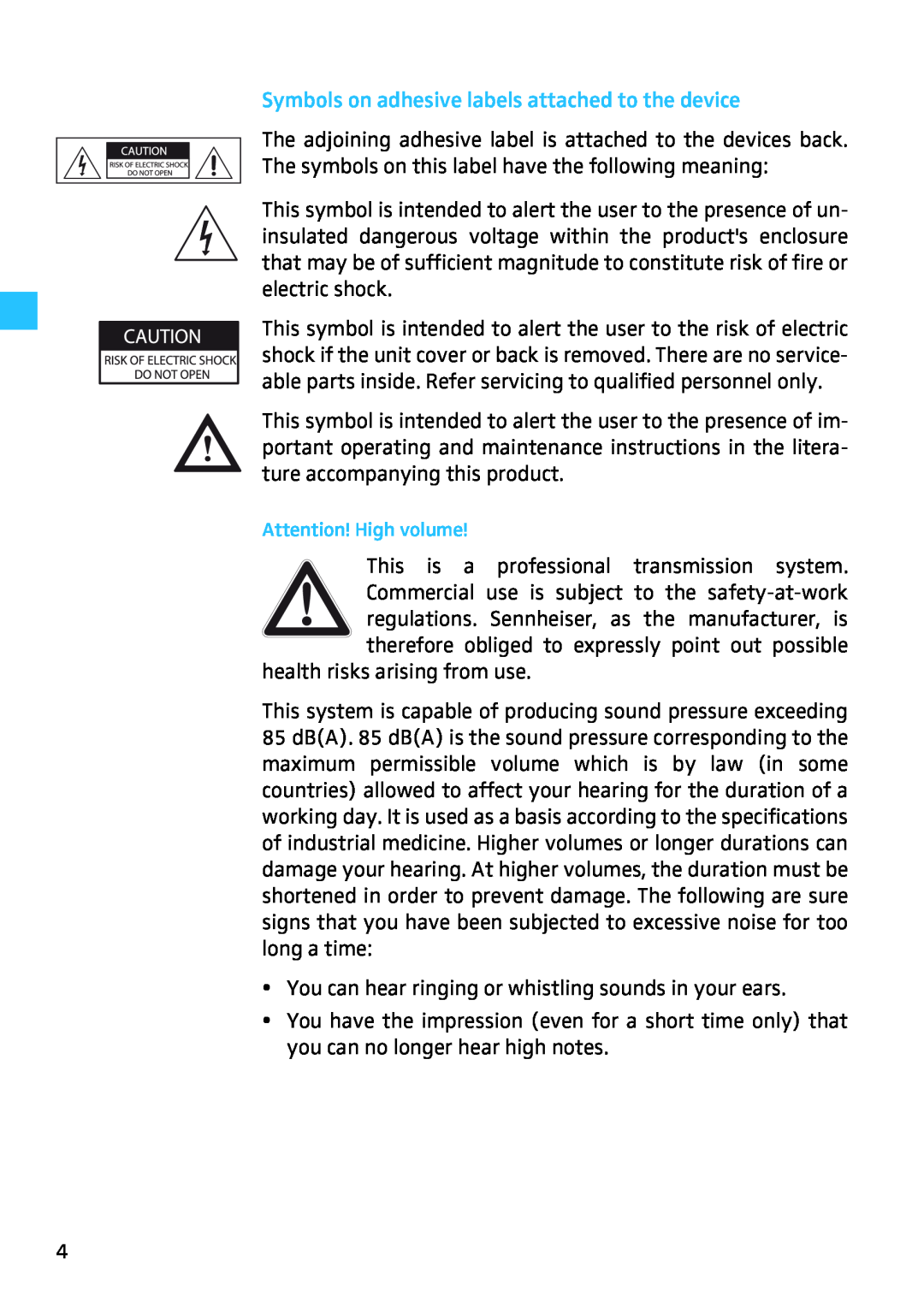 Sennheiser SR 3254, SR 3256 manual Symbols on adhesive labels attached to the device, health risks arising from use 