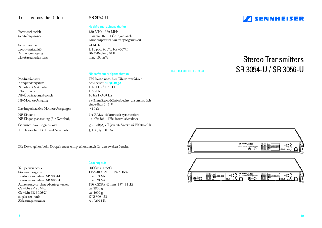 Sennheiser SR3054-U manual Technische Daten SR 3054-U, Hochfrequenzeigenschaften, Niederfrequenzeigenschaften, Gesamtgerät 